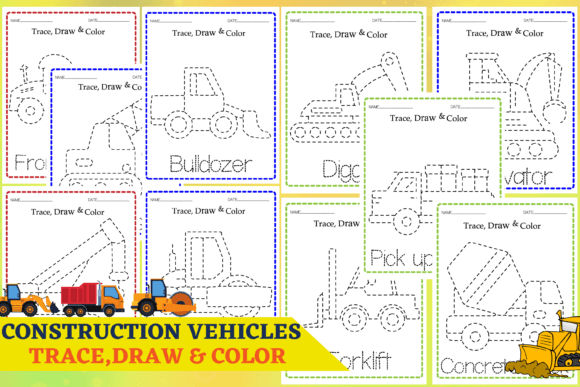 Construction Vehicles Tracing Coloring for Early Learners