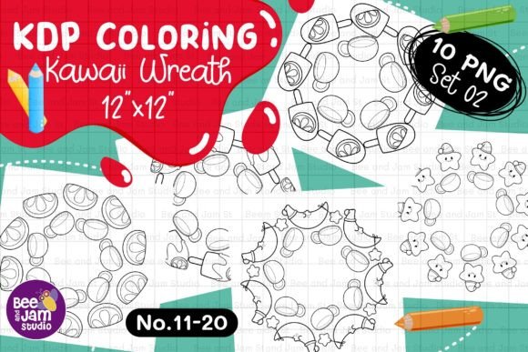 KDP Coloring Kawaii Wreath PNG Set-02