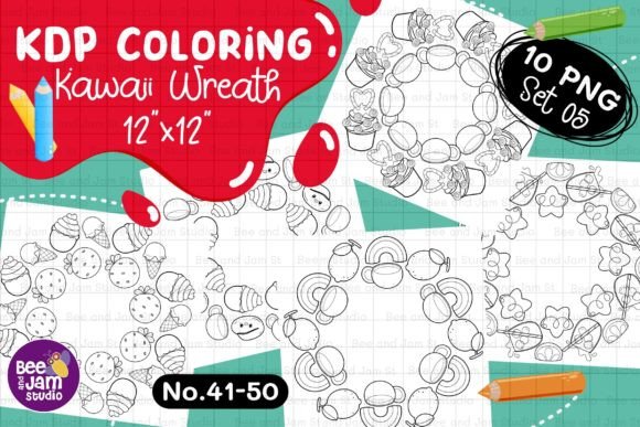 KDP Coloring Kawaii Wreath PNG Set-05